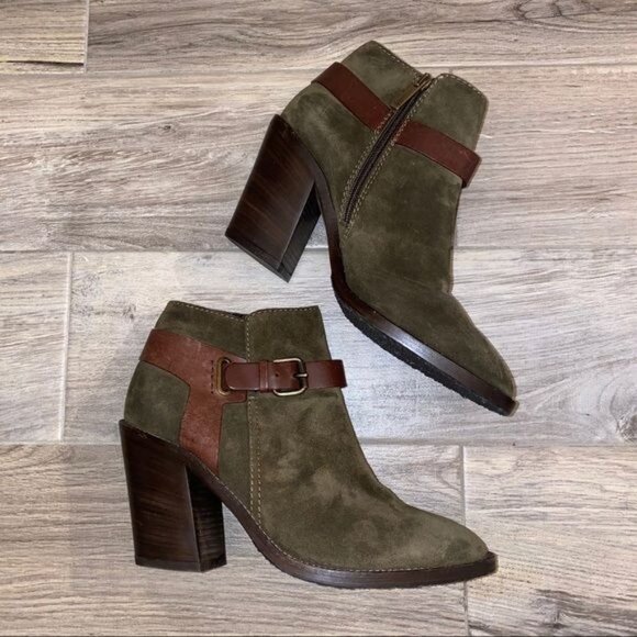 Aquatalia Womens 9.5 Olive Green Suede Heeled Booties Brown Leather Ankle Strap - Picture 7 of 11